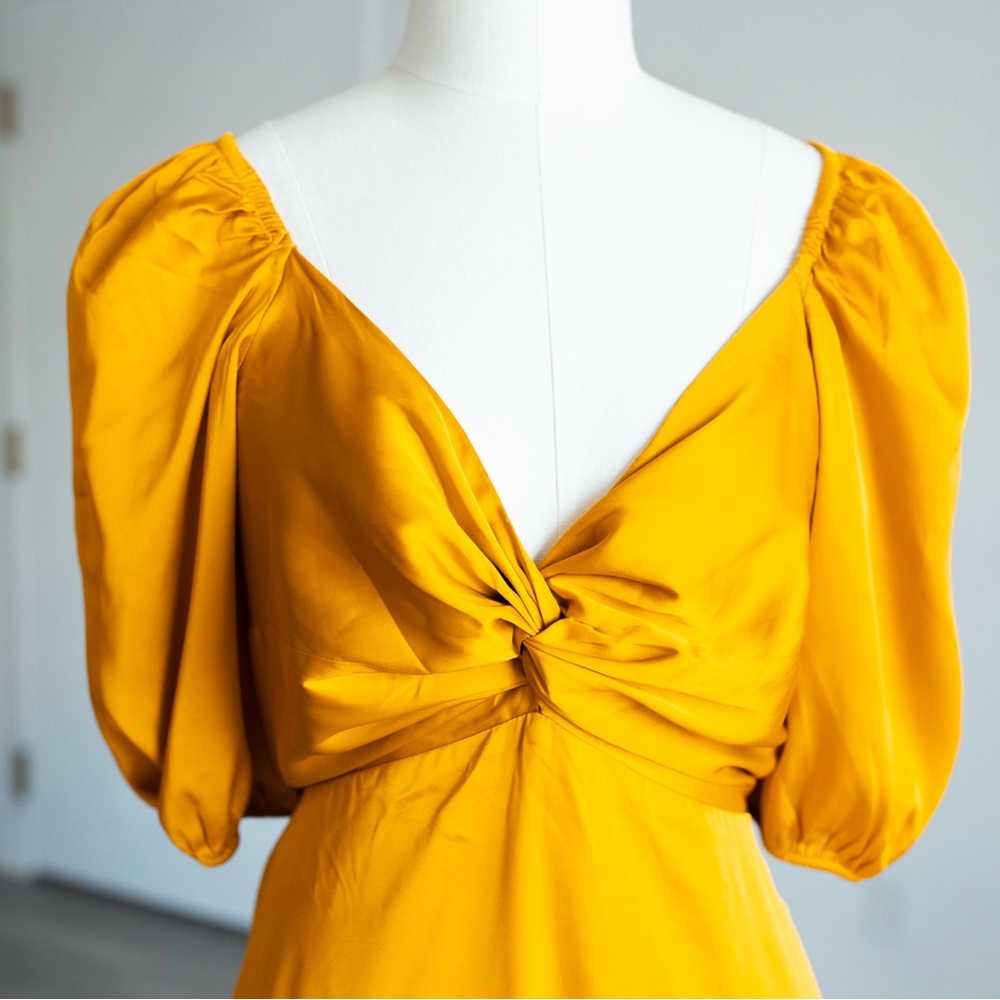 EXPRESS Satin V-Neck Puff Sleeve Twist Front Mini Fit and Flare Dress Golden - Picture 10 of 16